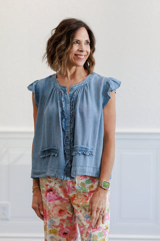 Sleeveless Light Denim Ruffle Blouse
