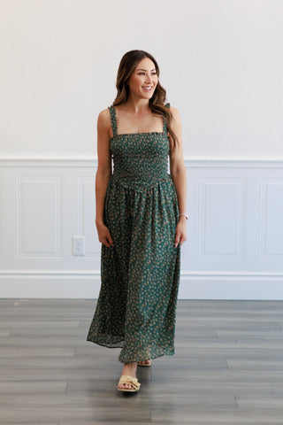 Floral Smocked Bodice Midi Dress in  Agave Green