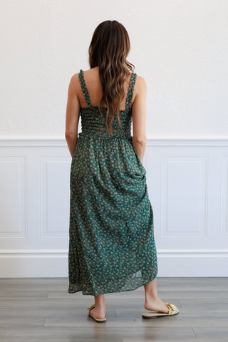 Floral Smocked Bodice Midi Dress in  Agave Green