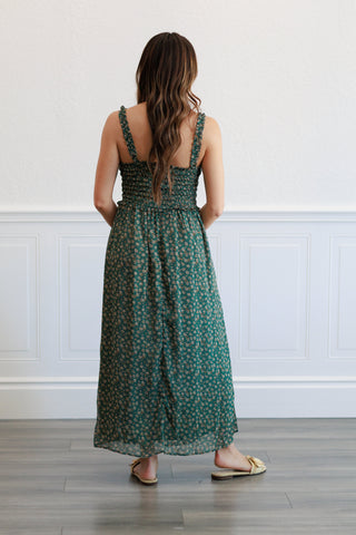 Floral Smocked Bodice Midi Dress in  Agave Green