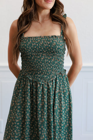 Floral Smocked Bodice Midi Dress in  Agave Green