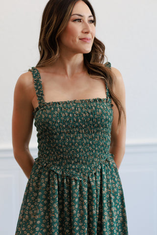 Floral Smocked Bodice Midi Dress in  Agave Green