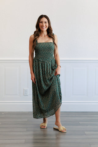 Floral Smocked Bodice Midi Dress in Agave Green ALLUV PLACE Floral Smocked Bodice Midi Dress in Agave Green ALLUV PLACE