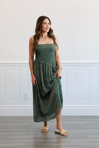 Floral Smocked Bodice Midi Dress in  Agave Green