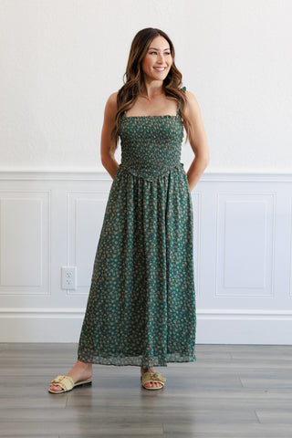 Floral Smocked Bodice Midi Dress in  Agave Green