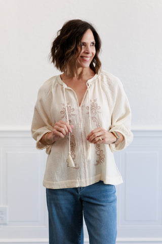 Embroidered Gauze Top in Natural
