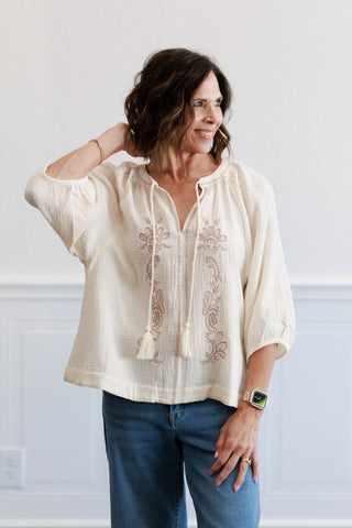 Embroidered Gauze Top in Natural
