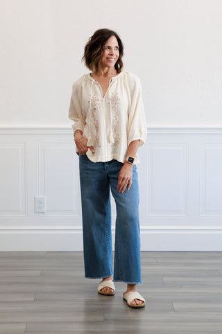 Embroidered Gauze Top in Natural