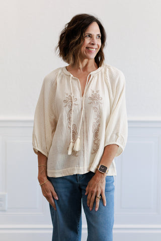 Embroidered Gauze Top in Natural