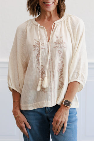 Embroidered Gauze Top in Natural