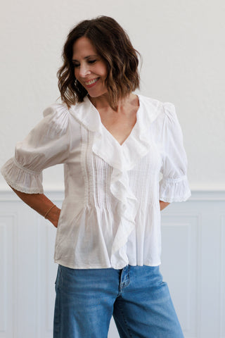 Vintage Ruffled Pintuck Top in White