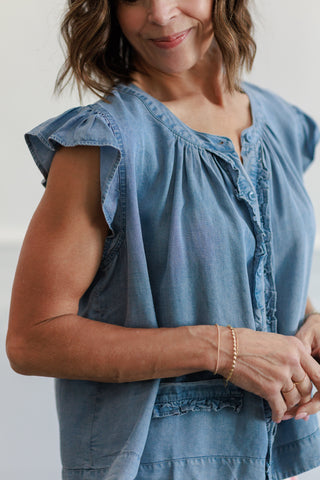 Sleeveless Light Denim Ruffle Blouse