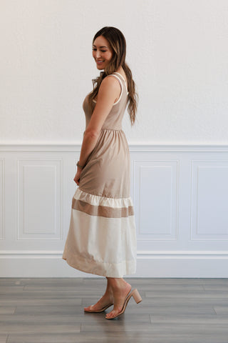 Contrast Trim Midi Dress in Tan