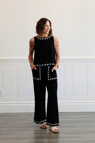 Embroidered Linen Elastic Tie-Waist Ankle Pants