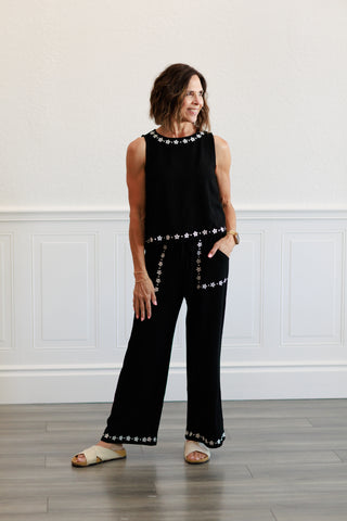 Embroidered Linen Elastic Tie-Waist Ankle Pants