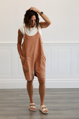 Printed Washed Terry Short Romper in Almond
