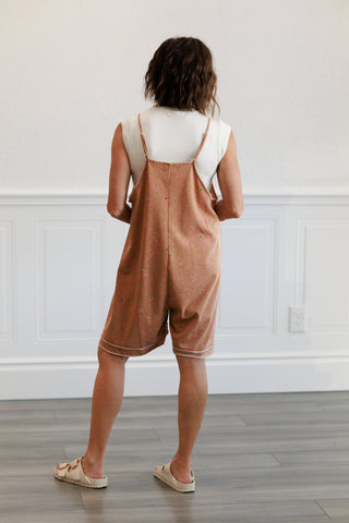 Printed Washed Terry Short Romper in Almond