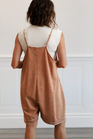 Printed Washed Terry Short Romper in Almond