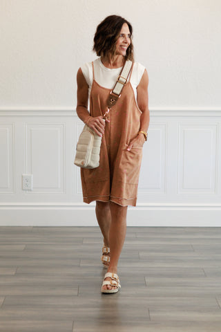Printed Washed Terry Short Romper in Almond