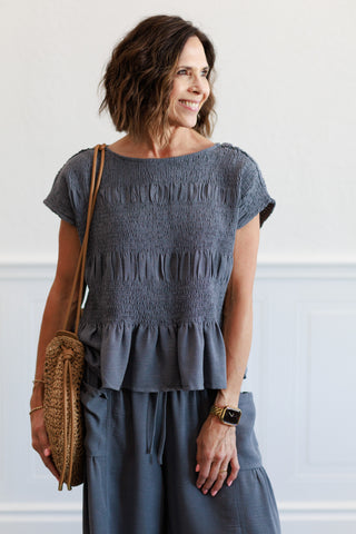 Ruched Crew Neck Top in Deep Blue