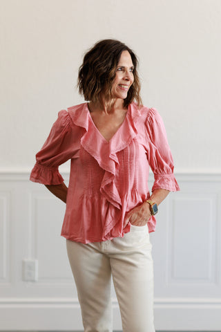Vintage Ruffled Pintuck Top in Rose