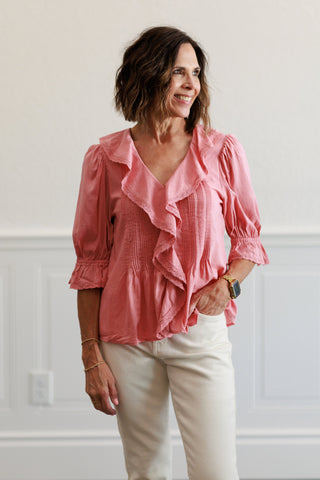 Vintage Ruffled Pintuck Top in Rose