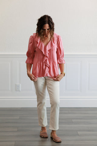Vintage Ruffled Pintuck Top in Rose