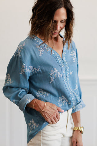 Tencel Embroidered Button Front Top