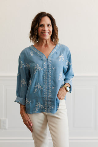 Tencel Embroidered Button Front Top