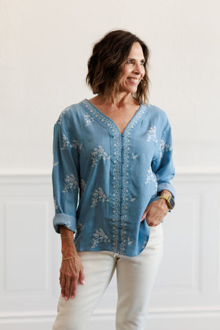 Tencel Embroidered Button Front Top