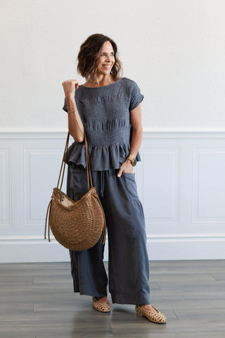 Baggy Wide Leg Cropped Pants in Deep Blue