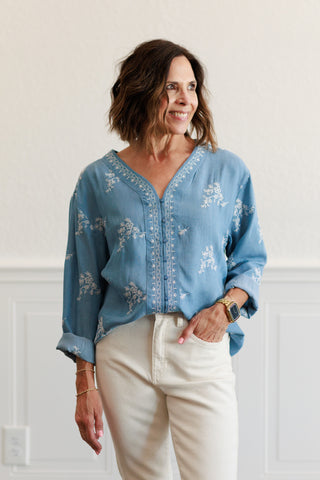 Tencel Embroidered Button Front Top