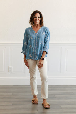 Tencel Embroidered Button Front Top
