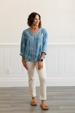 Tencel Embroidered Button Front Top