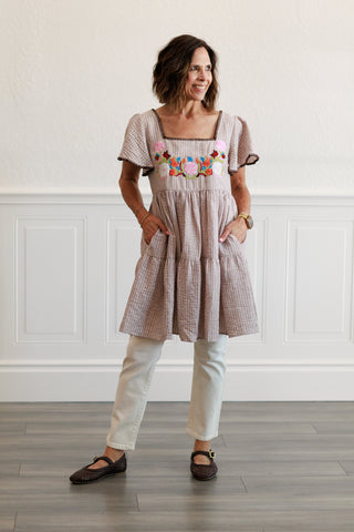 Floral Embroidery Striped Dress in Khaki