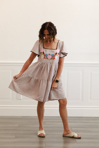Floral Embroidery Striped Dress in Khaki