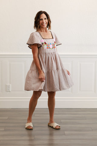 Floral Embroidery Striped Dress in Khaki