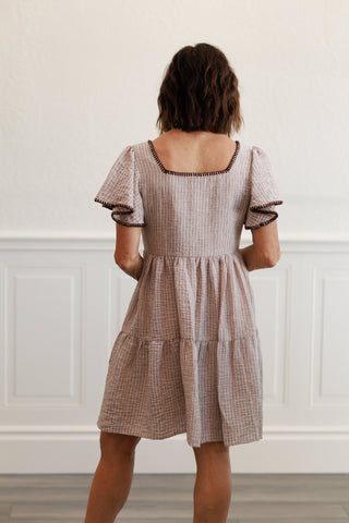 Floral Embroidery Striped Dress in Khaki