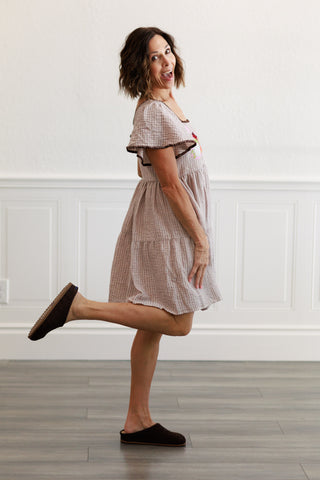 Floral Embroidery Striped Dress in Khaki