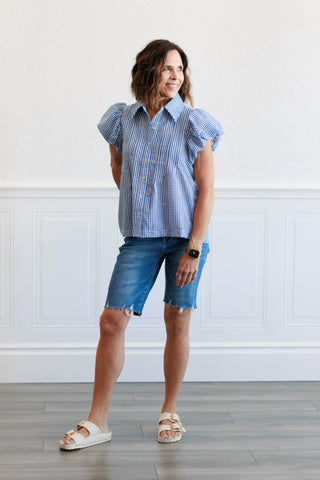 Plaid Puff Sleeve Pintuck top in Blue