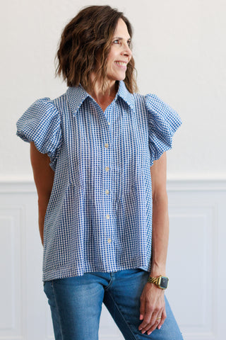 Plaid Puff Sleeve Pintuck top in Blue