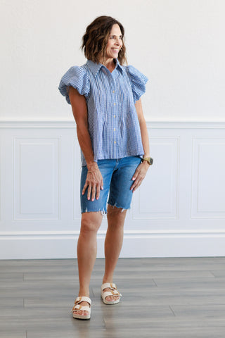 Plaid Puff Sleeve Pintuck top in Blue