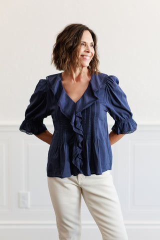 Vintage Ruffled Pintuck Top in Indigo
