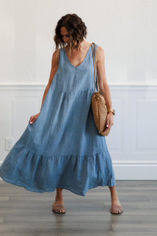 tiered denim maxi dress Back Tie Tiered Dress in Denim M/L