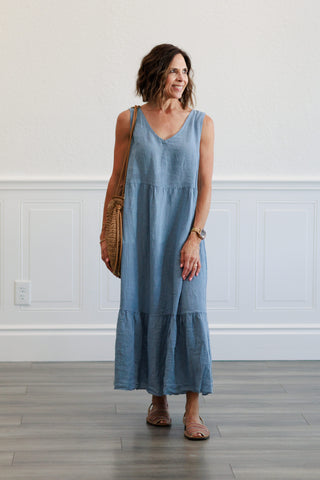 Back Tie Tiered Dress in Denim