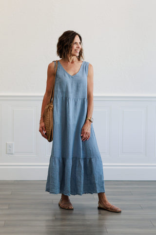 Back Tie Tiered Dress in Denim
