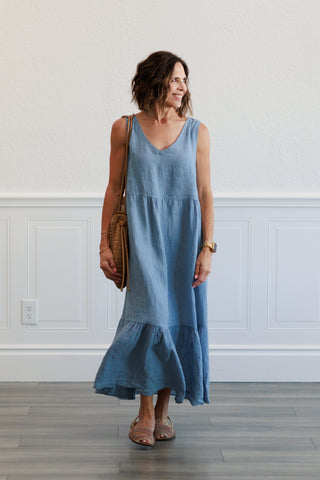 Back Tie Tiered Dress in Denim
