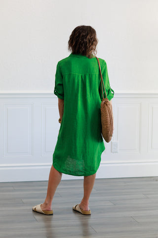 Linen Pocket Shirt Dress in Green
