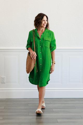 Linen Pocket Shirt Dress in Green