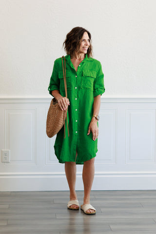 Linen Pocket Shirt Dress in Green